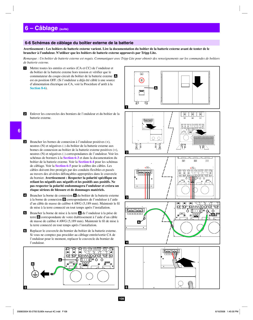 Tripp Lite SU80K owner manual Schémas de câblage du boîtier externe de la batterie, Section 