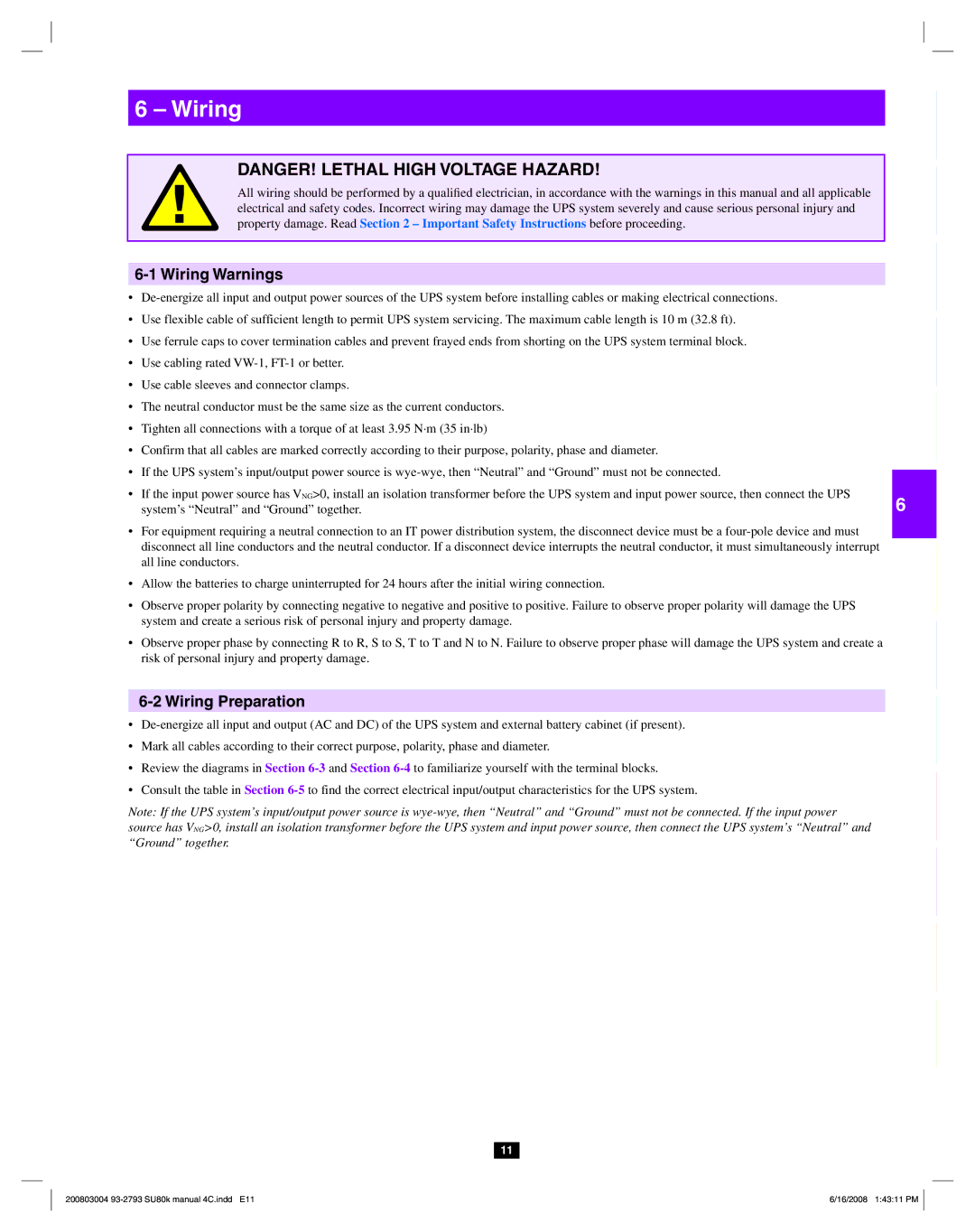 Tripp Lite SU80K owner manual Wiring Preparation 