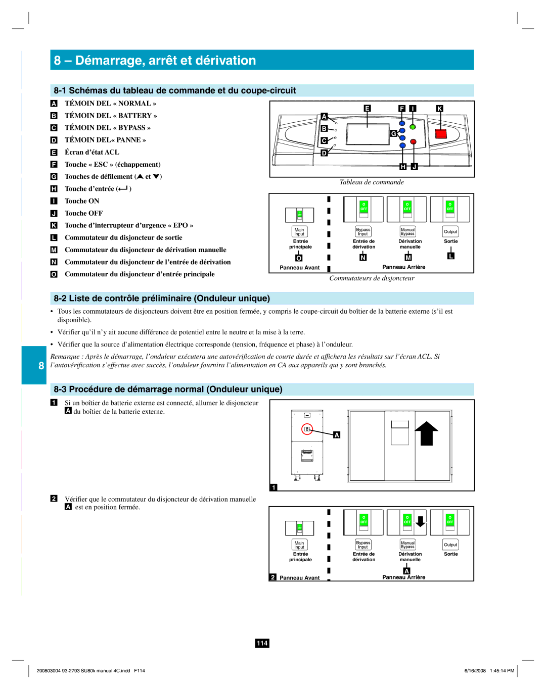 Tripp Lite SU80K owner manual Démarrage, arrêt et dérivation, Schémas du tableau de commande et du coupe-circuit 