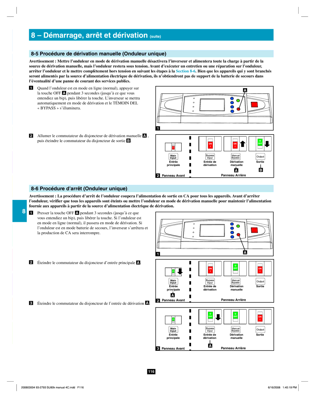Tripp Lite SU80K owner manual Procédure de dérivation manuelle Onduleur unique, Procédure d’arrêt Onduleur unique 
