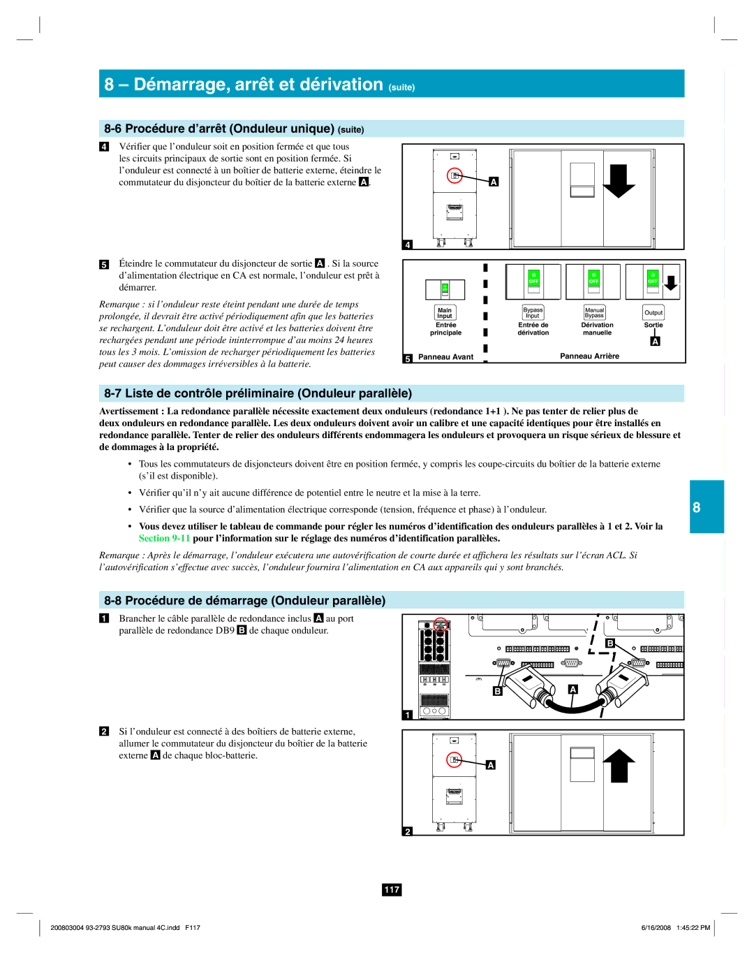 Tripp Lite SU80K owner manual Procédure d’arrêt Onduleur unique suite, Liste de contrôle préliminaire Onduleur parallèle 
