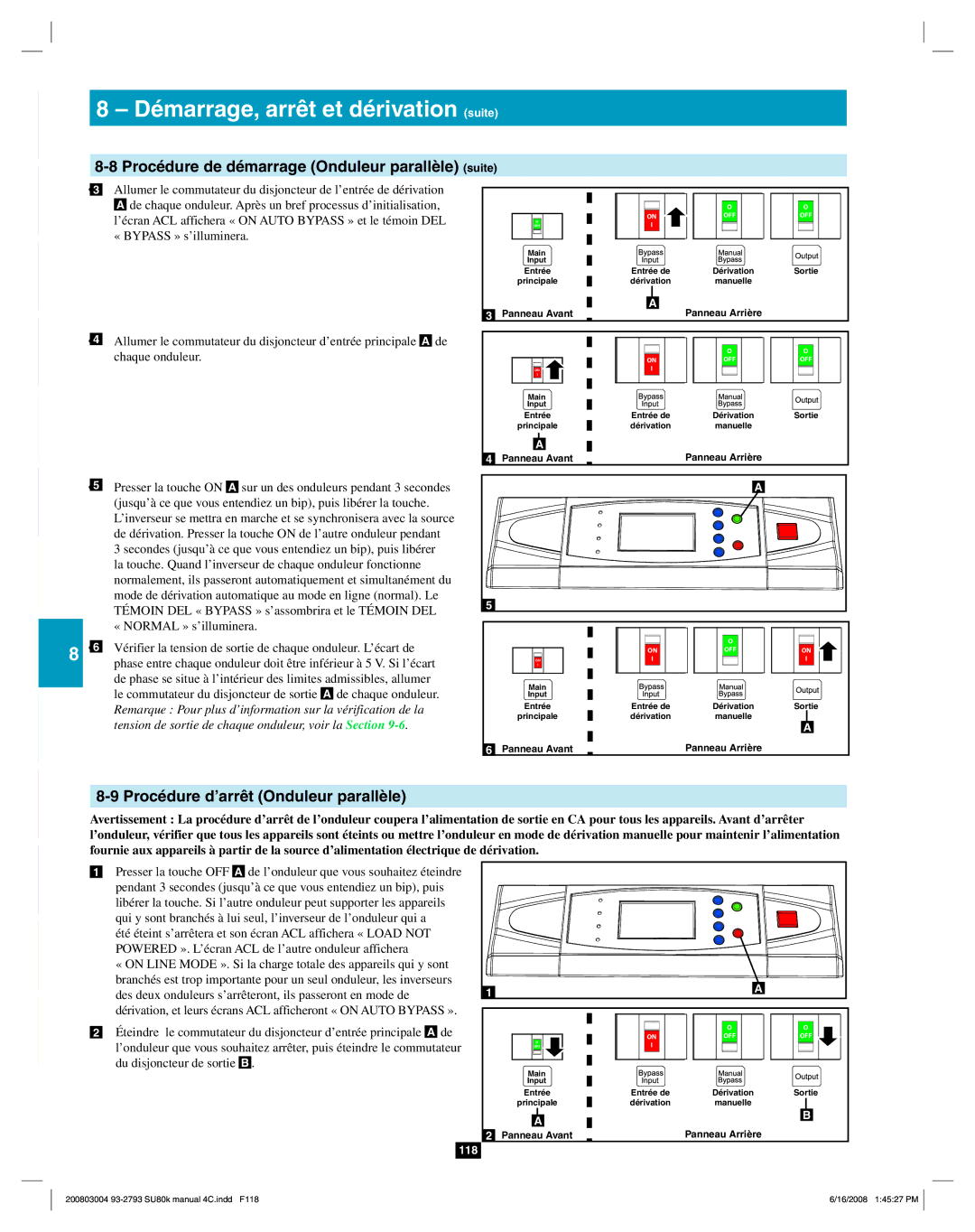 Tripp Lite SU80K owner manual Procédure de démarrage Onduleur parallèle suite, 10 8-9 Procédure d’arrêt Onduleur parallèle 