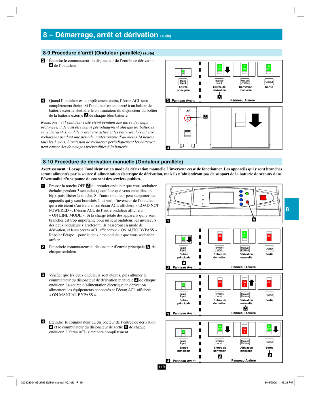 Tripp Lite SU80K Procédure d’arrêt Onduleur parallèle suite, Procédure de dérivation manuelle Onduleur parallèle 