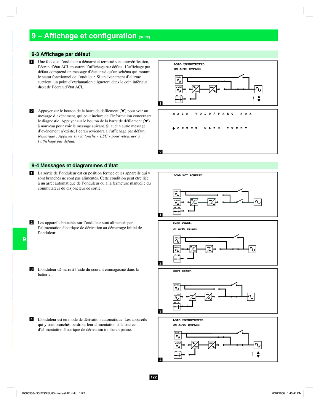 Tripp Lite SU80K owner manual Afﬁchage et conﬁguration suite, Afﬁchage par défaut, Messages et diagrammes d’état 