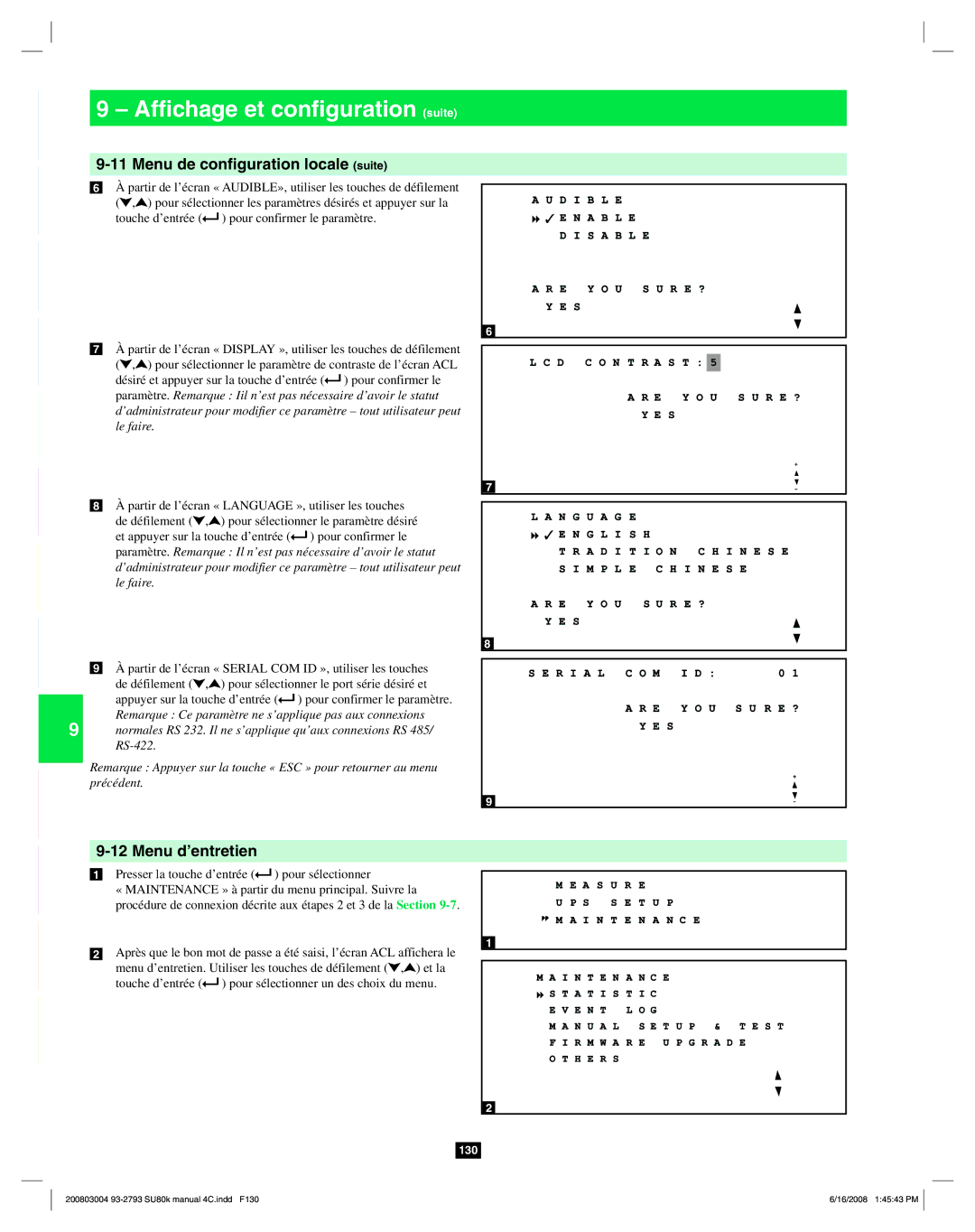 Tripp Lite SU80K owner manual Menu de conﬁguration locale suite, Menu d’entretien 