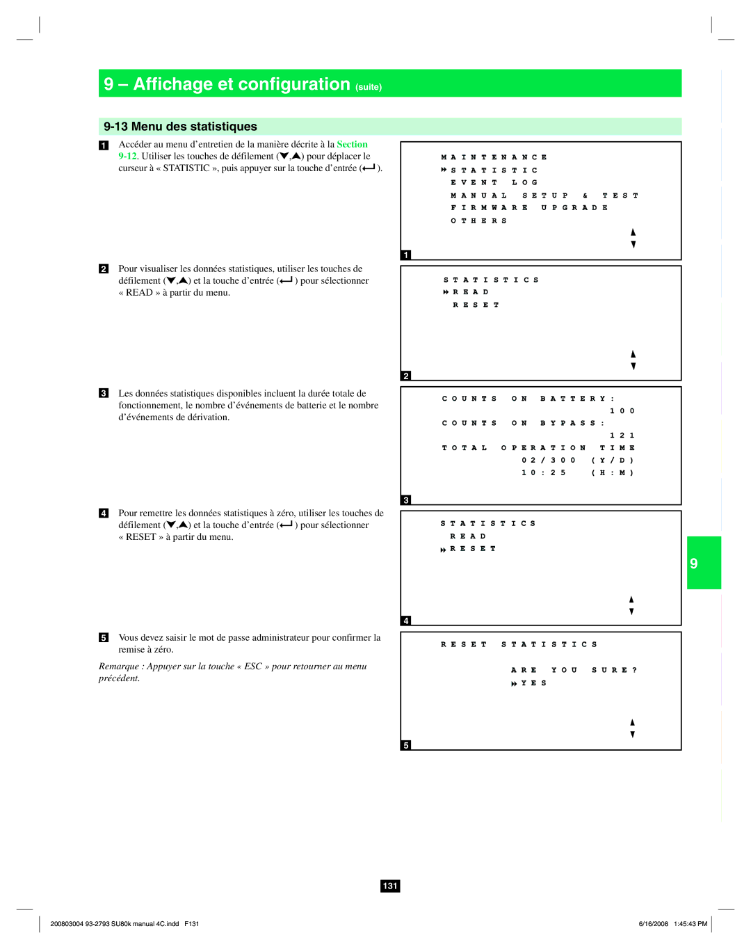 Tripp Lite SU80K owner manual Menu des statistiques 