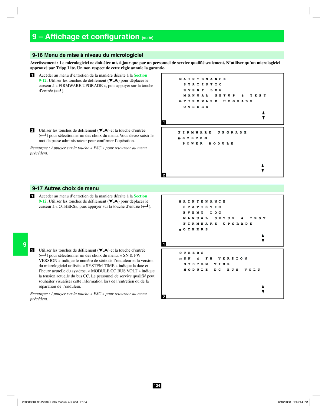 Tripp Lite SU80K owner manual Menu de mise à niveau du micrologiciel, Autres choix de menu 