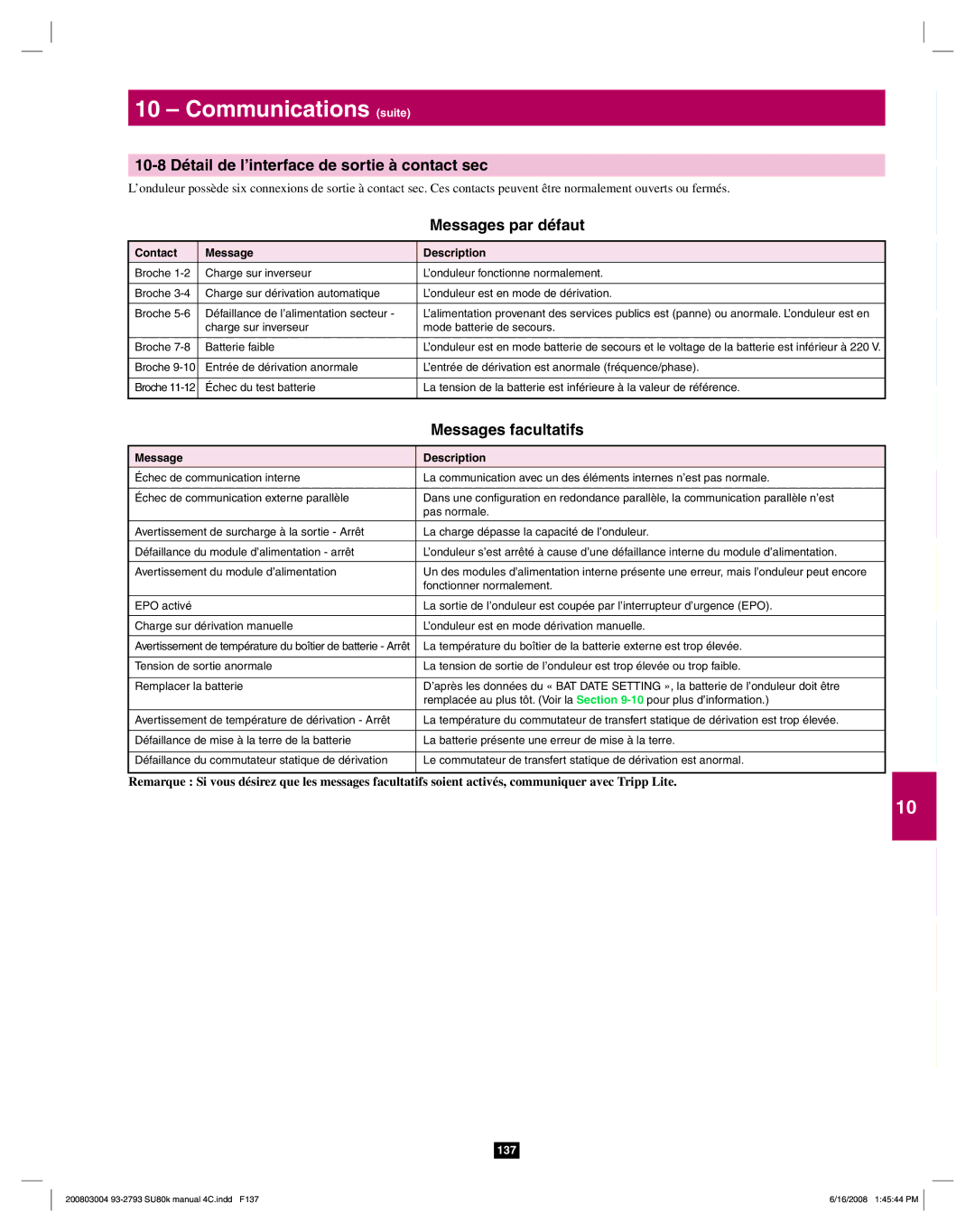 Tripp Lite SU80K owner manual 10-8 Détail de l’interface de sortie à contact sec, Messages par défaut, Messages facultatifs 