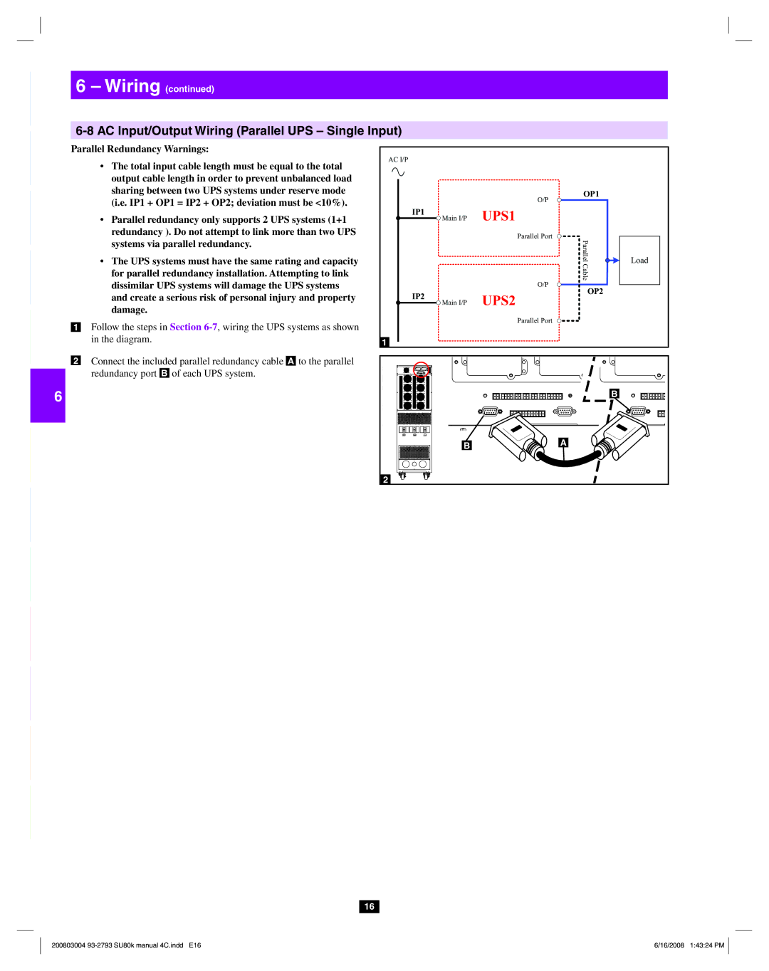 Tripp Lite SU80K owner manual AC Input/Output Wiring Parallel UPS Single Input 