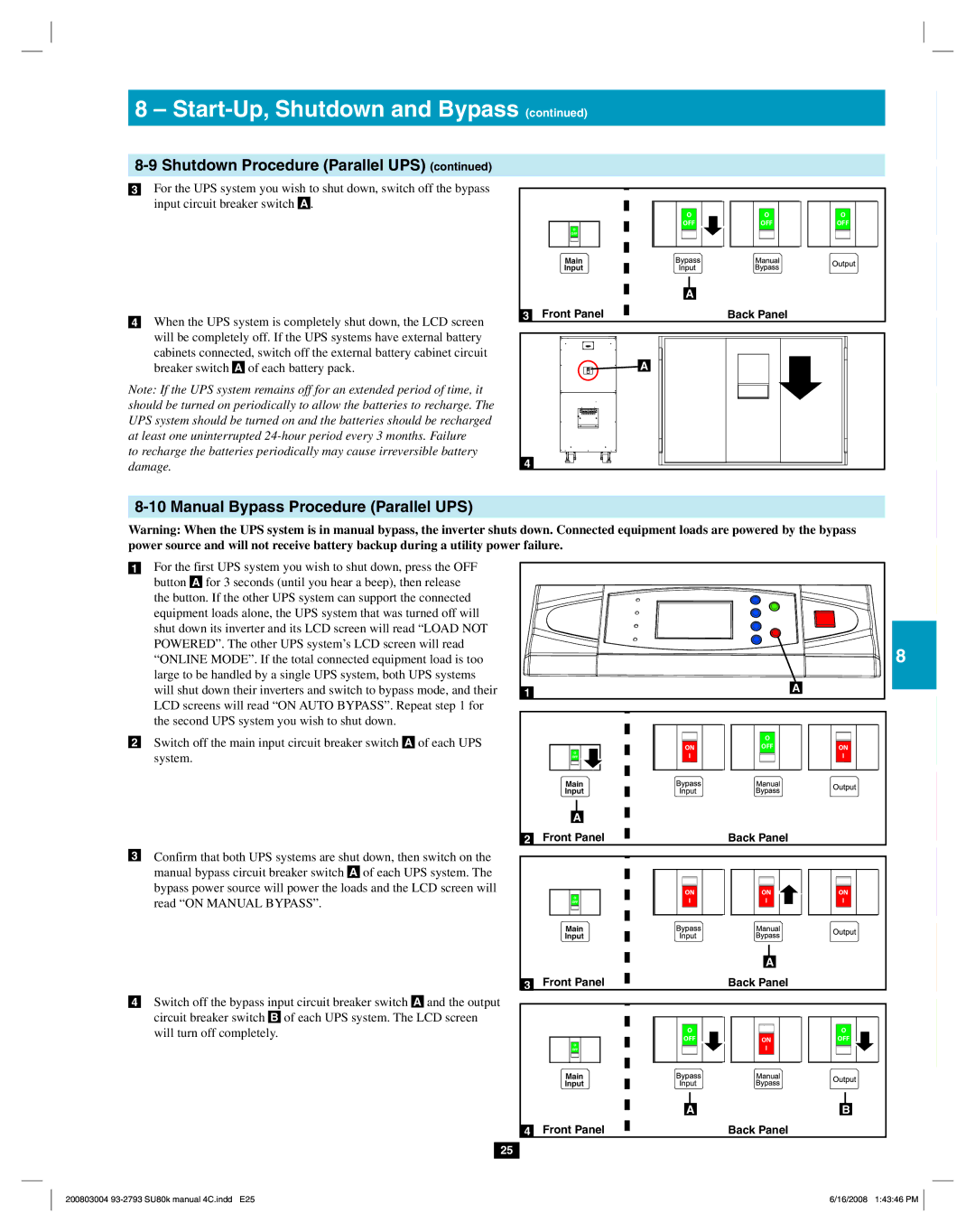 Tripp Lite SU80K owner manual Shutdown Procedure Parallel UPS, Manual Bypass Procedure Parallel UPS 