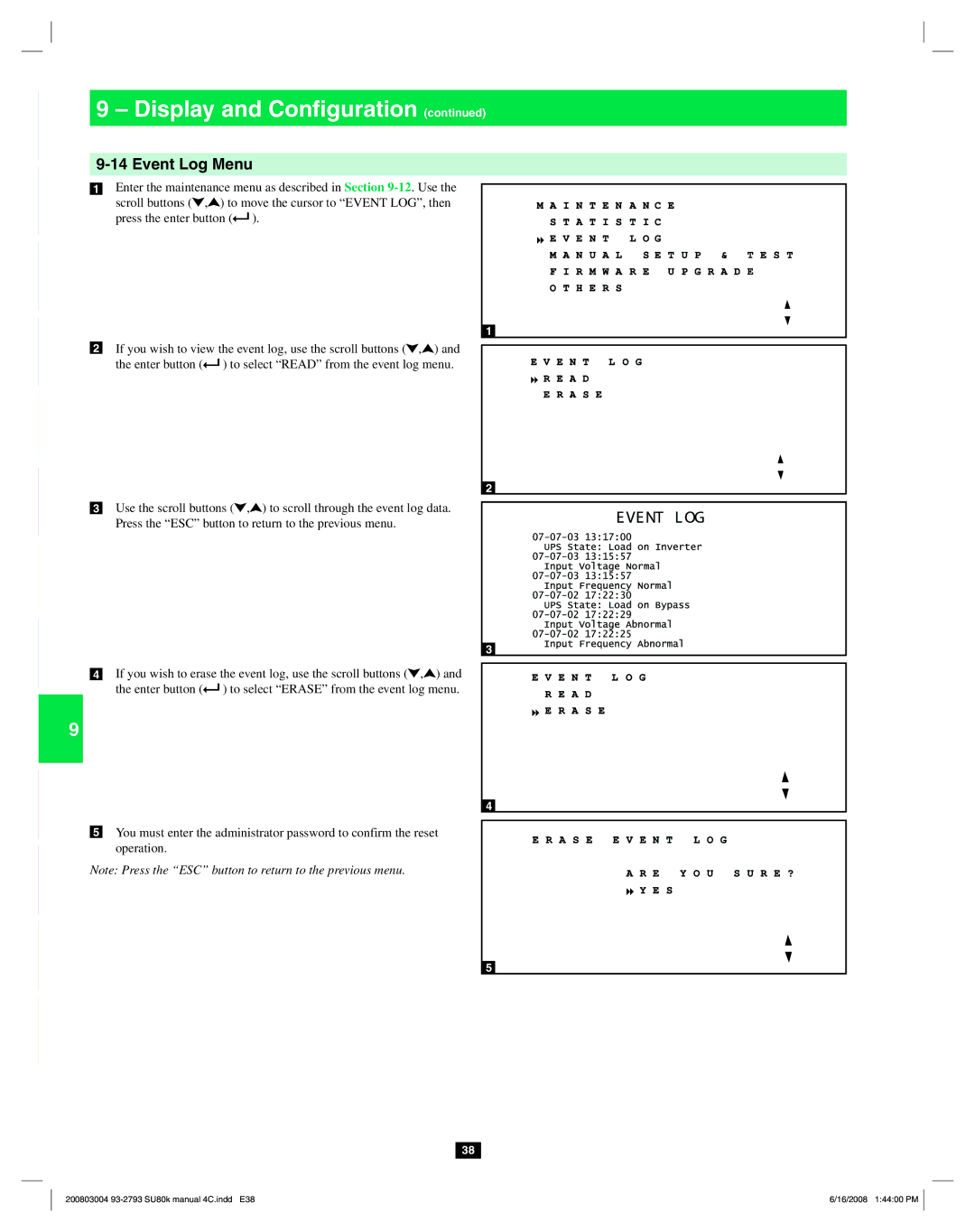 Tripp Lite SU80K owner manual Event Log Menu 