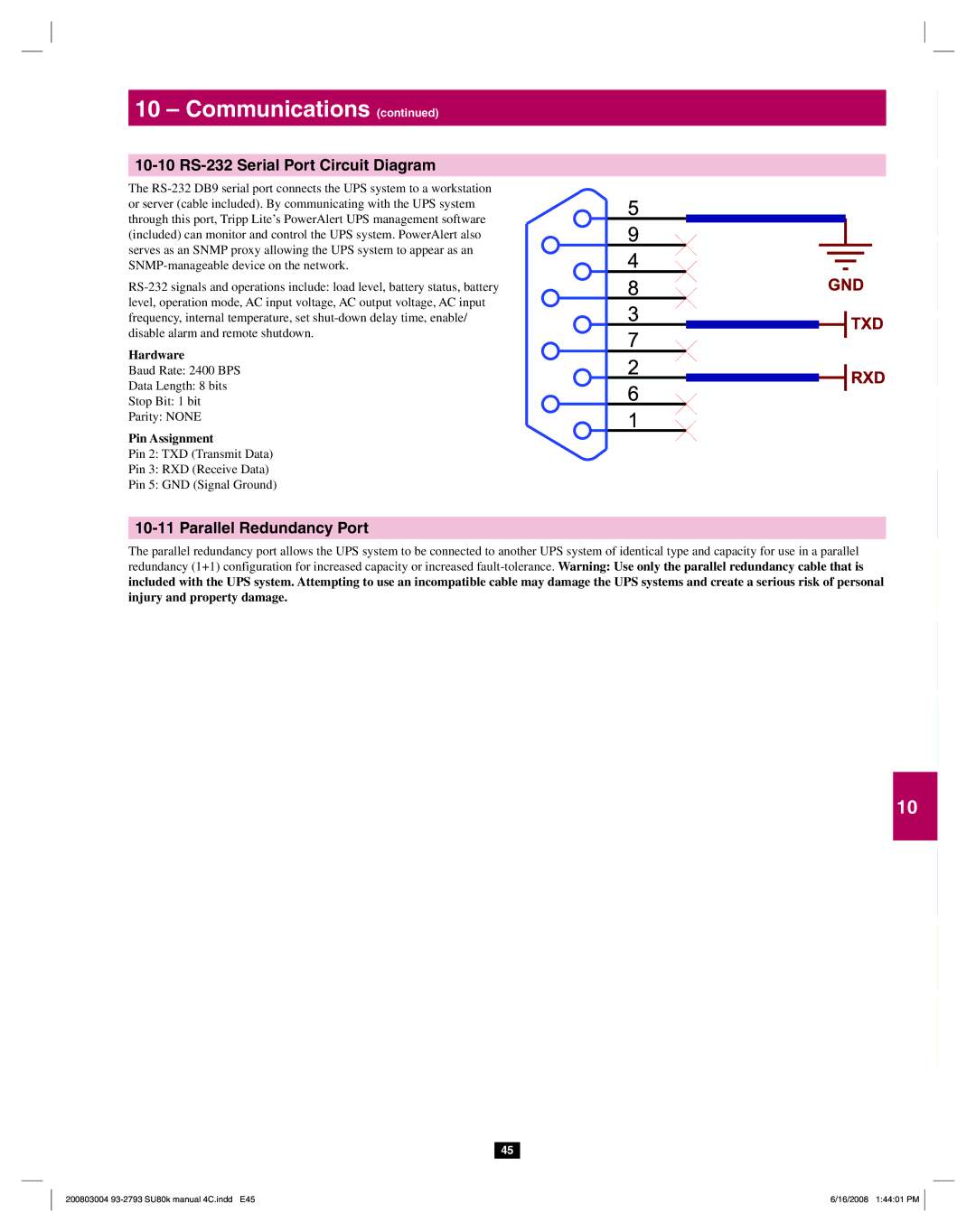 Tripp Lite SU80K owner manual 10-10 RS-232 Serial Port Circuit Diagram, Parallel Redundancy Port 