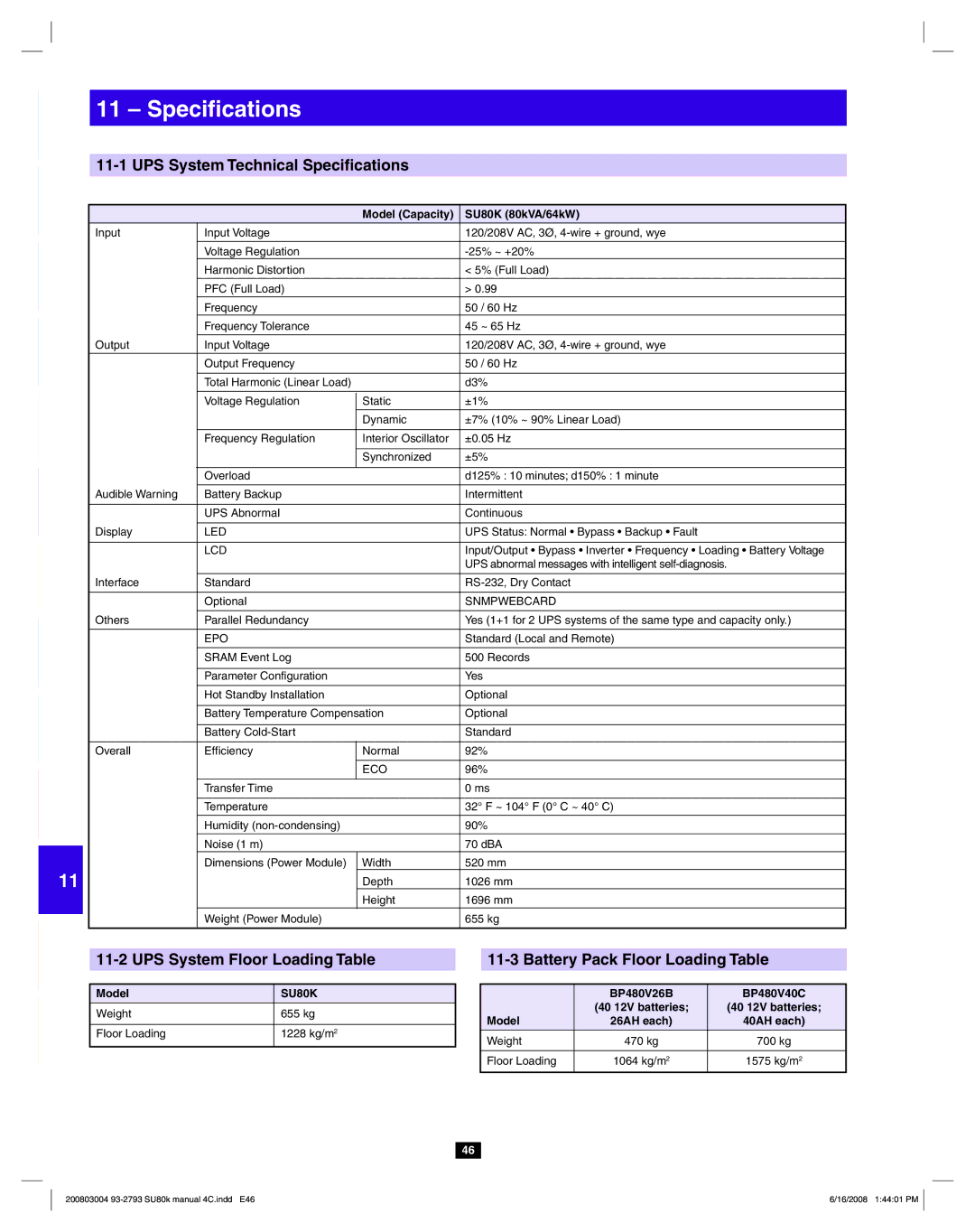 Tripp Lite SU80K UPS System Technical Speciﬁcations, UPS System Floor Loading Table, Battery Pack Floor Loading Table 