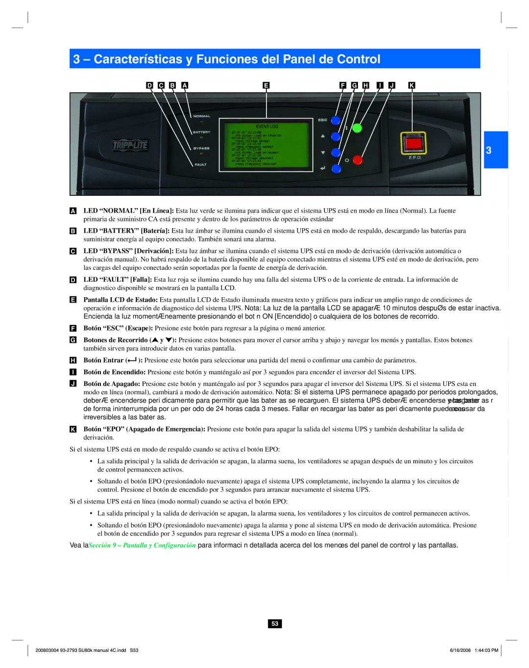 Tripp Lite SU80K owner manual Características y Funciones del Panel de Control 