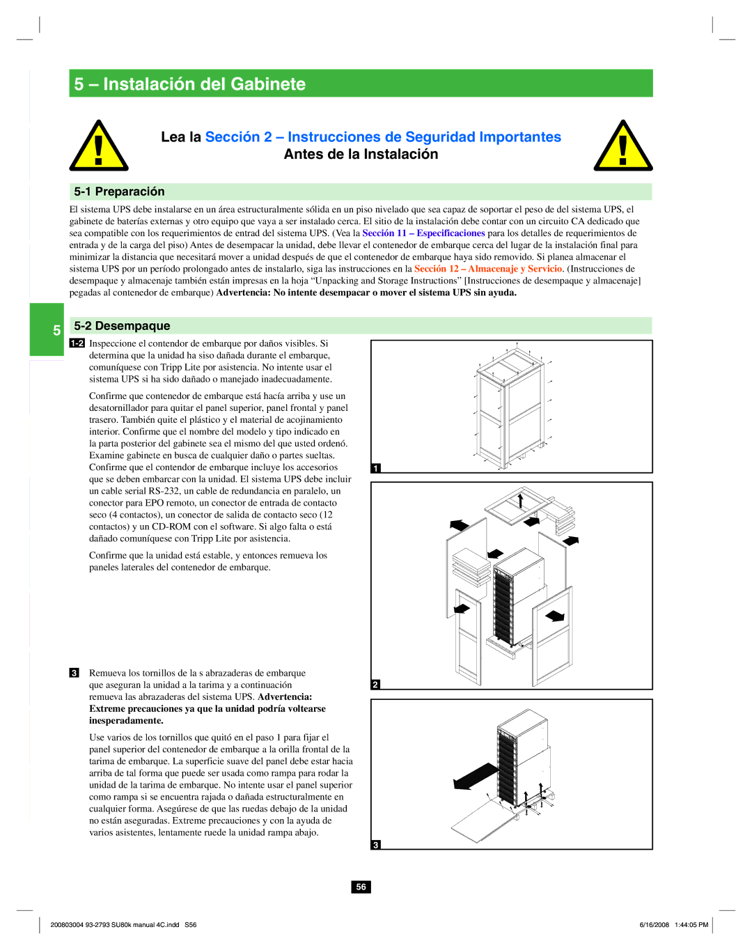 Tripp Lite SU80K owner manual Instalación del Gabinete, Preparación, Desempaque 