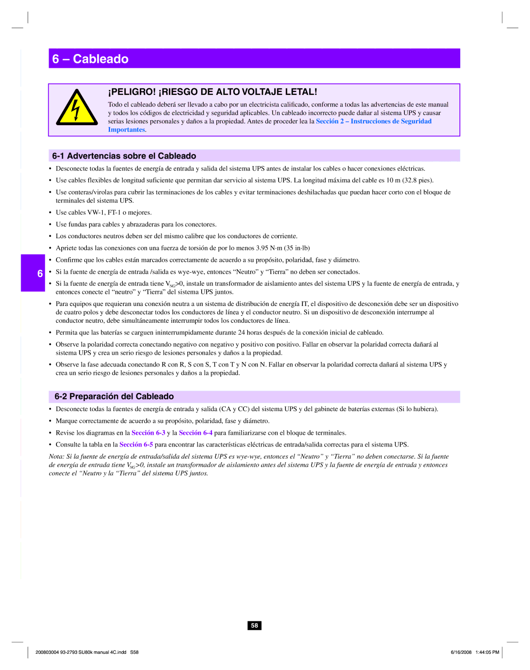 Tripp Lite SU80K owner manual Advertencias sobre el Cableado, Preparación del Cableado 