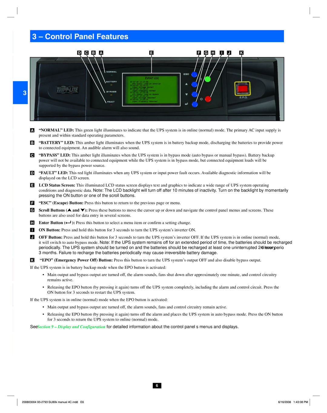 Tripp Lite SU80K owner manual Control Panel Features 