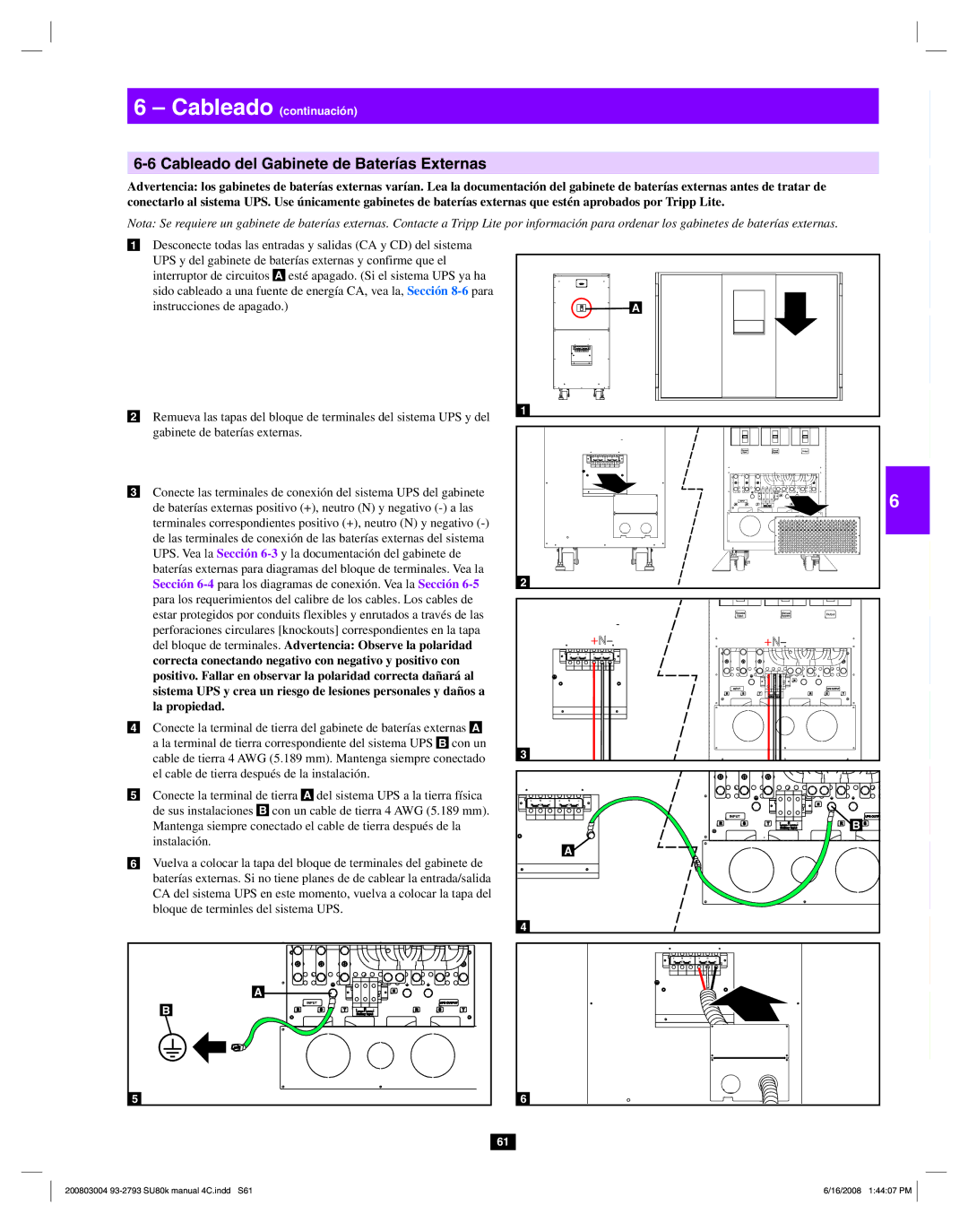 Tripp Lite SU80K owner manual Cableado del Gabinete de Baterías Externas 