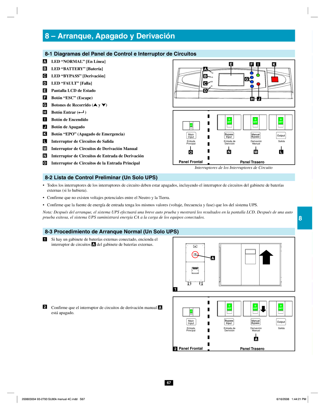 Tripp Lite SU80K owner manual Arranque, Apagado y Derivación, Diagramas del Panel de Control e Interruptor de Circuitos 