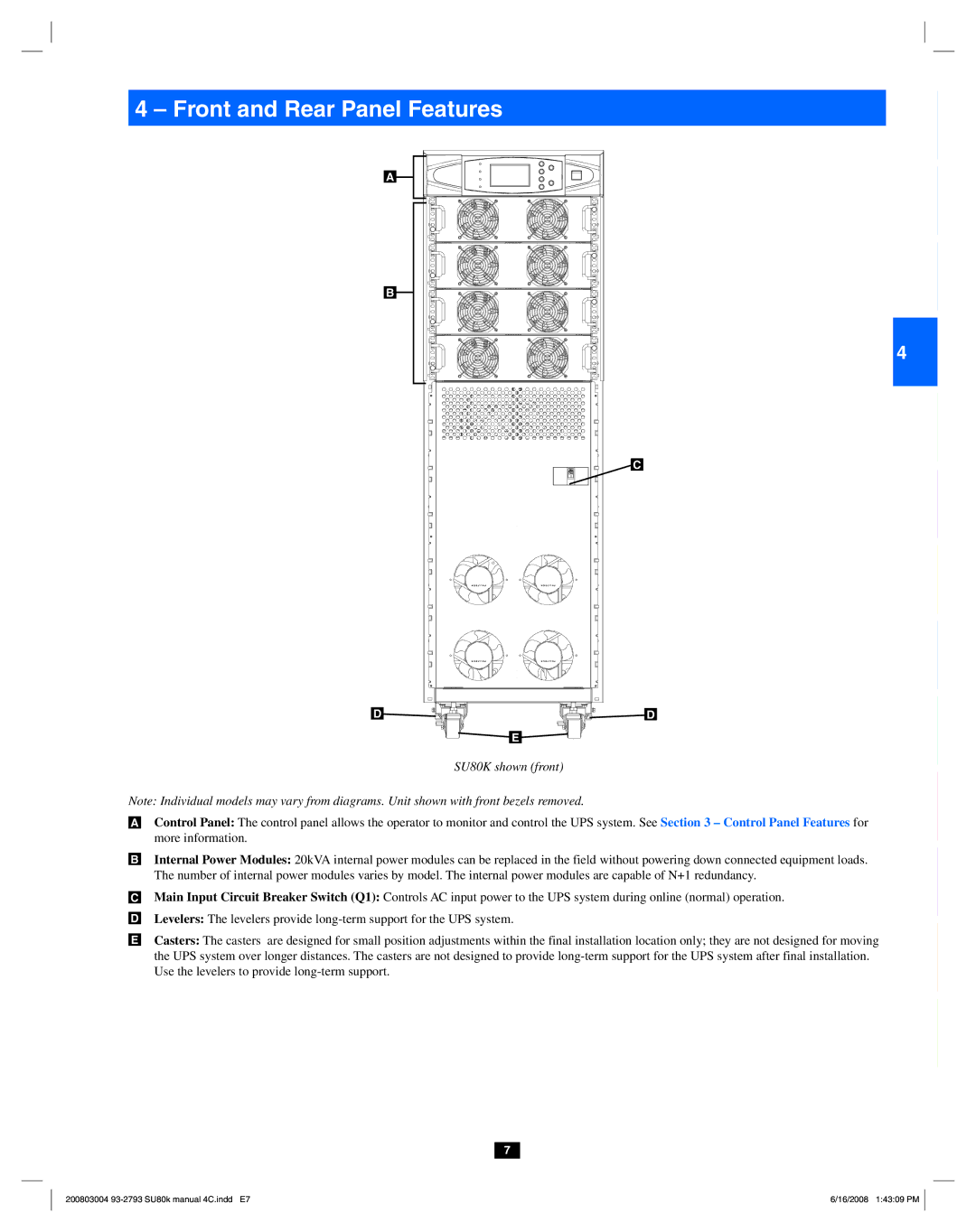 Tripp Lite owner manual Front and Rear Panel Features, SU80K shown front 