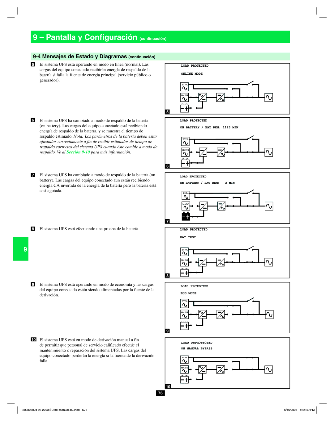 Tripp Lite SU80K owner manual Mensajes de Estado y Diagramas continuación, Respaldo. Ve al Sección 9-10para más información 