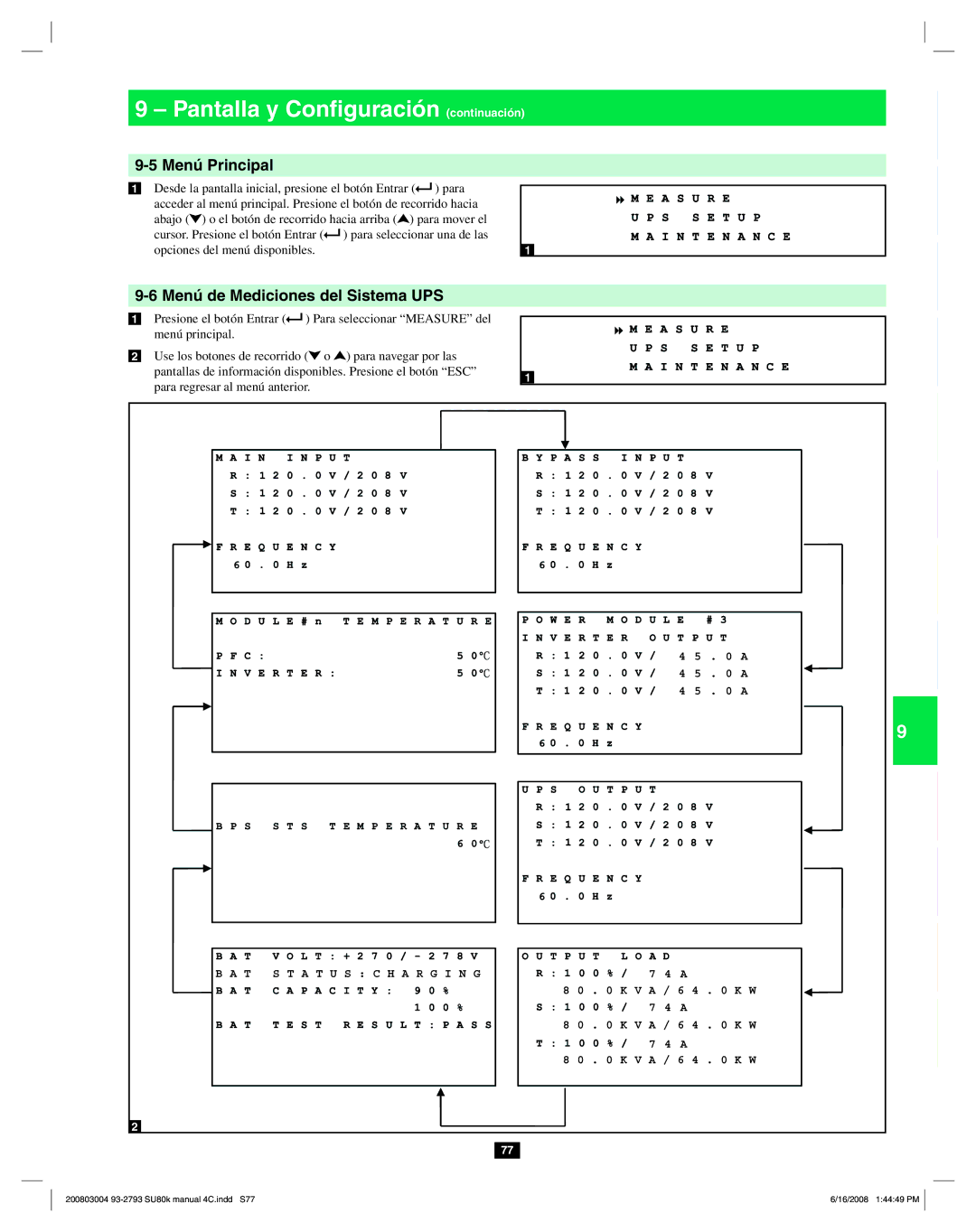 Tripp Lite SU80K owner manual Menú Principal, Menú de Mediciones del Sistema UPS 