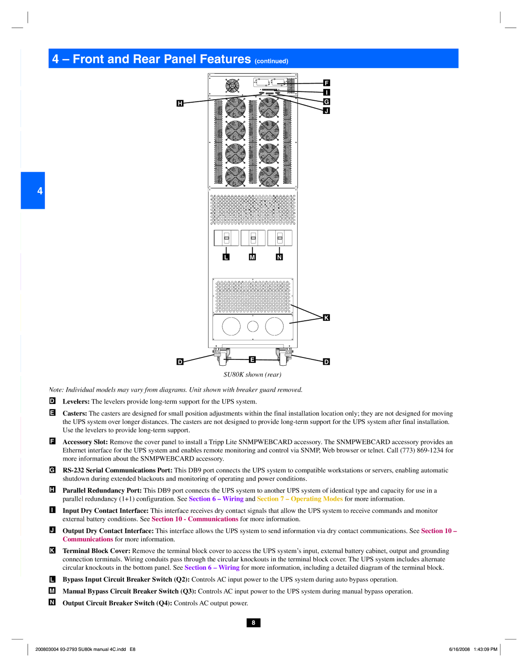 Tripp Lite SU80K owner manual Output Circuit Breaker Switch Q4 Controls AC output power 