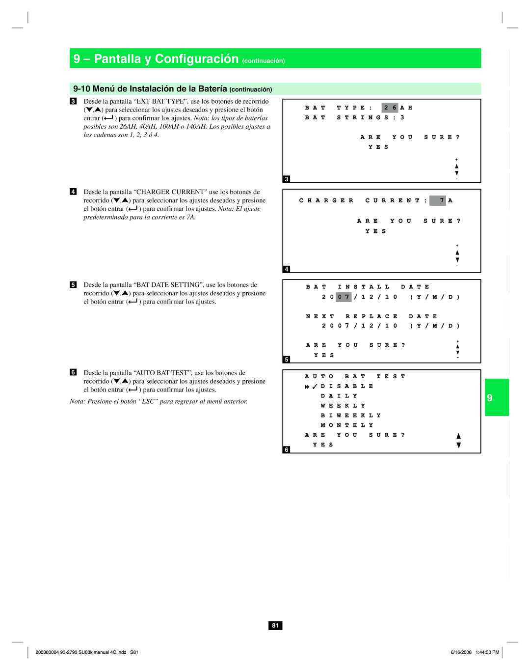 Tripp Lite SU80K owner manual 10 Menú de Instalación de la Batería continuación 