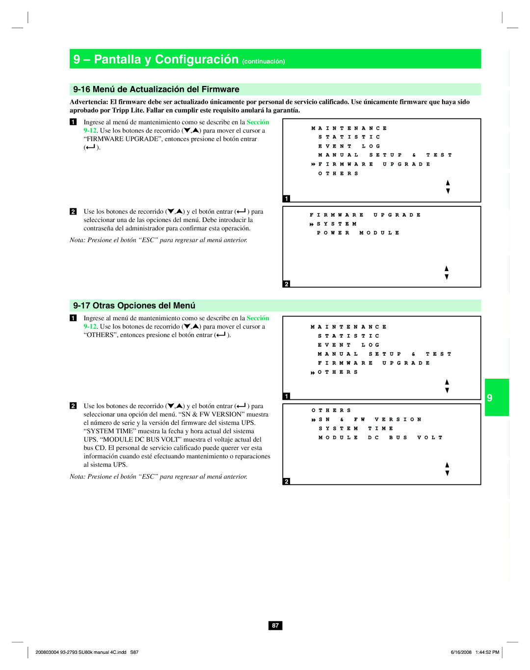 Tripp Lite SU80K owner manual 16 Menú de Actualización del Firmware, Otras Opciones del Menú 