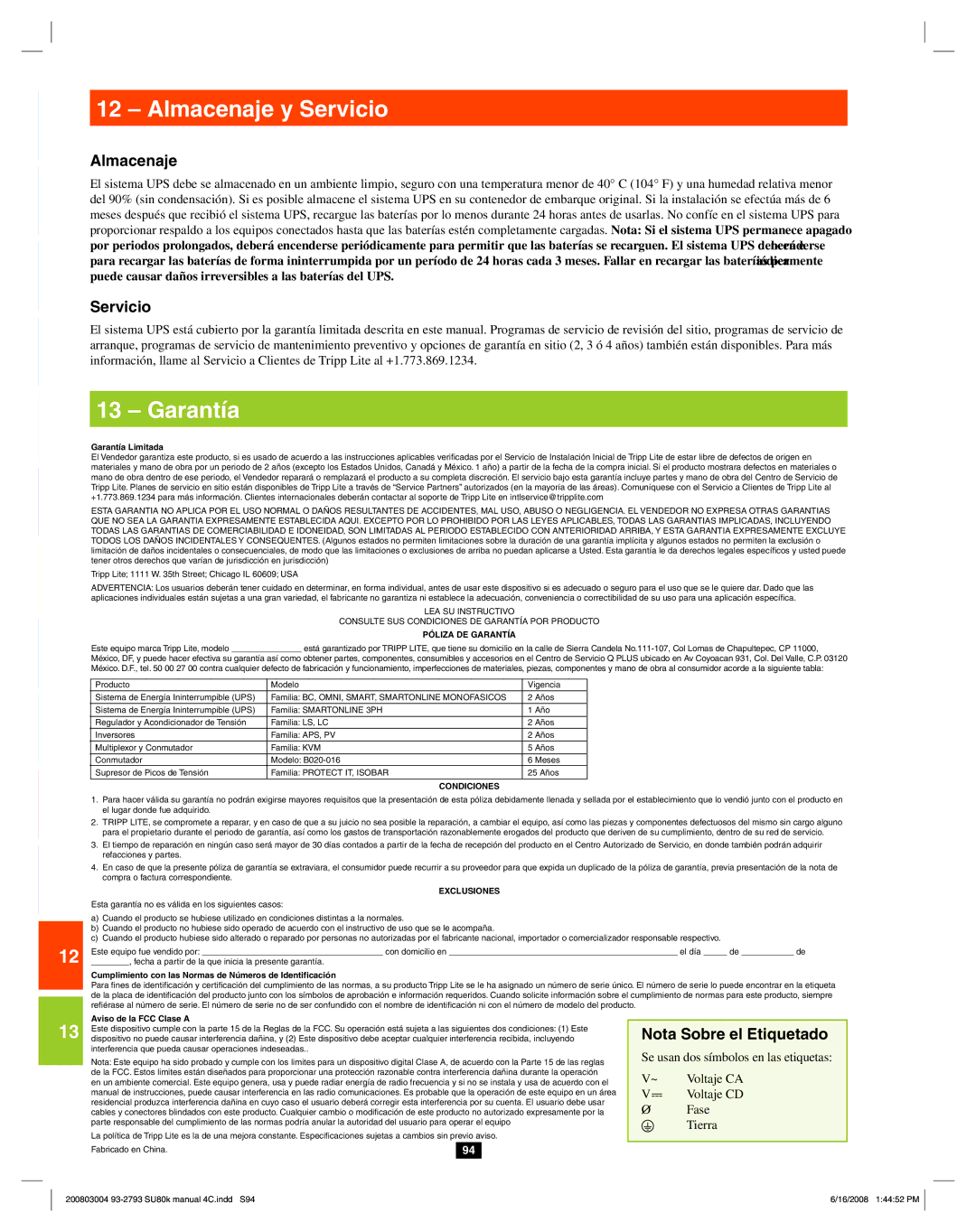 Tripp Lite SU80K owner manual Almacenaje y Servicio, Garantía, Nota Sobre el Etiquetado 