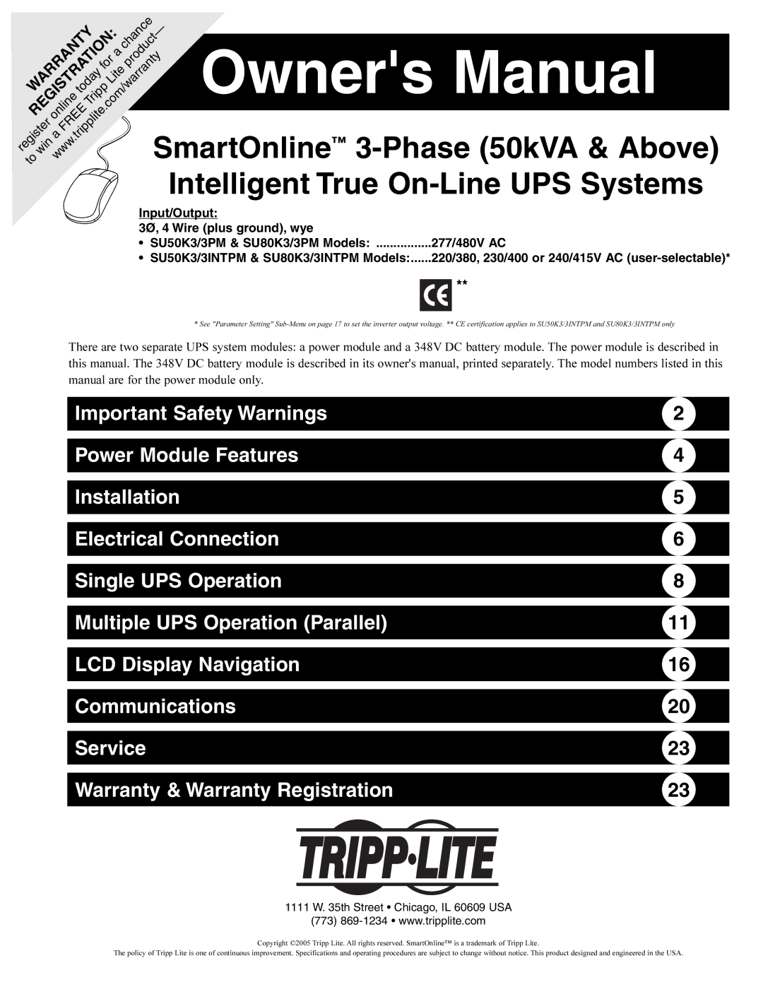 Tripp Lite SU80K3/3INTPM, SU80K3/3PM, SU50K3/3INTPM, SU50K3/3PM owner manual SmartOnline Phase 50kVA & Above 