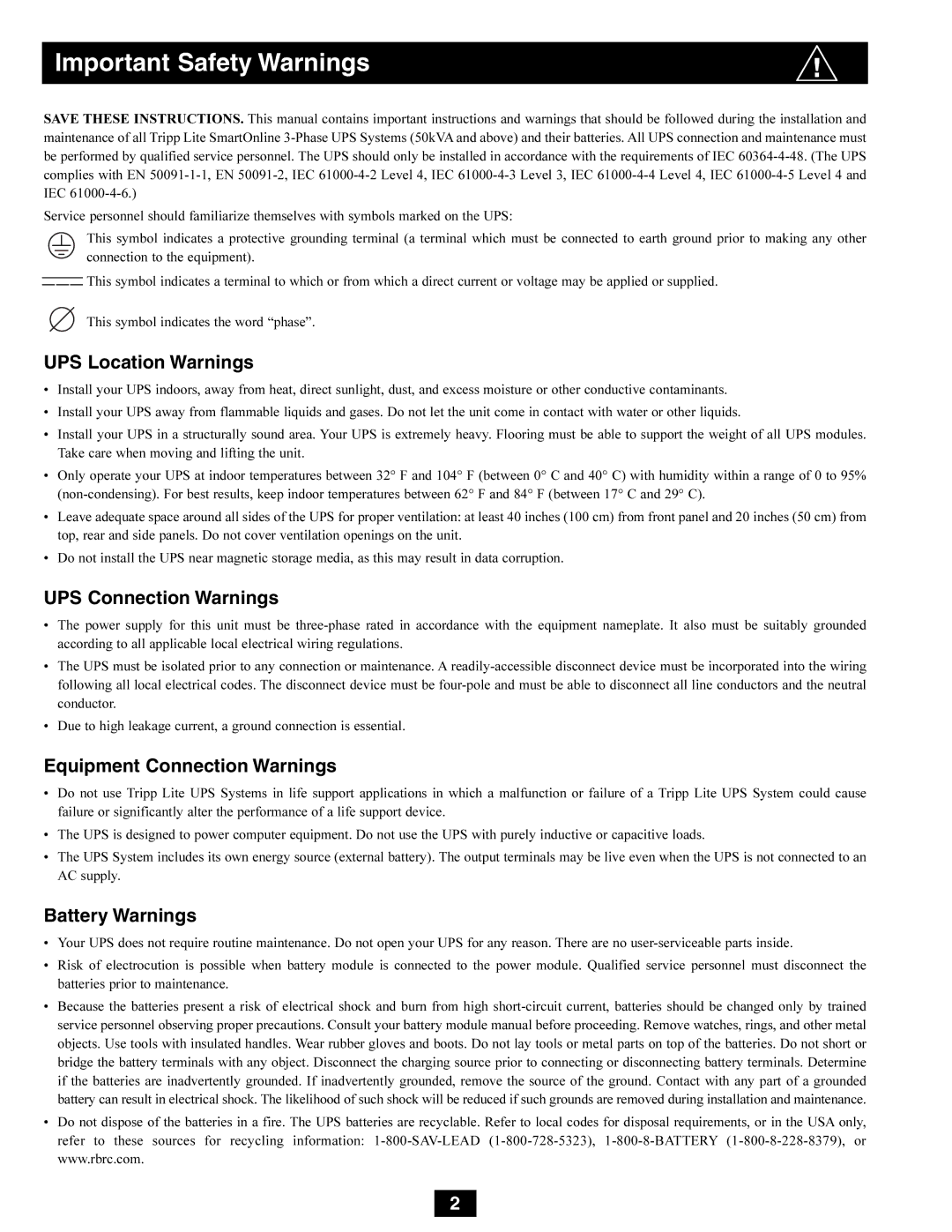 Tripp Lite SU50K3/3INTPM UPS Location Warnings, UPS Connection Warnings, Equipment Connection Warnings, Battery Warnings 