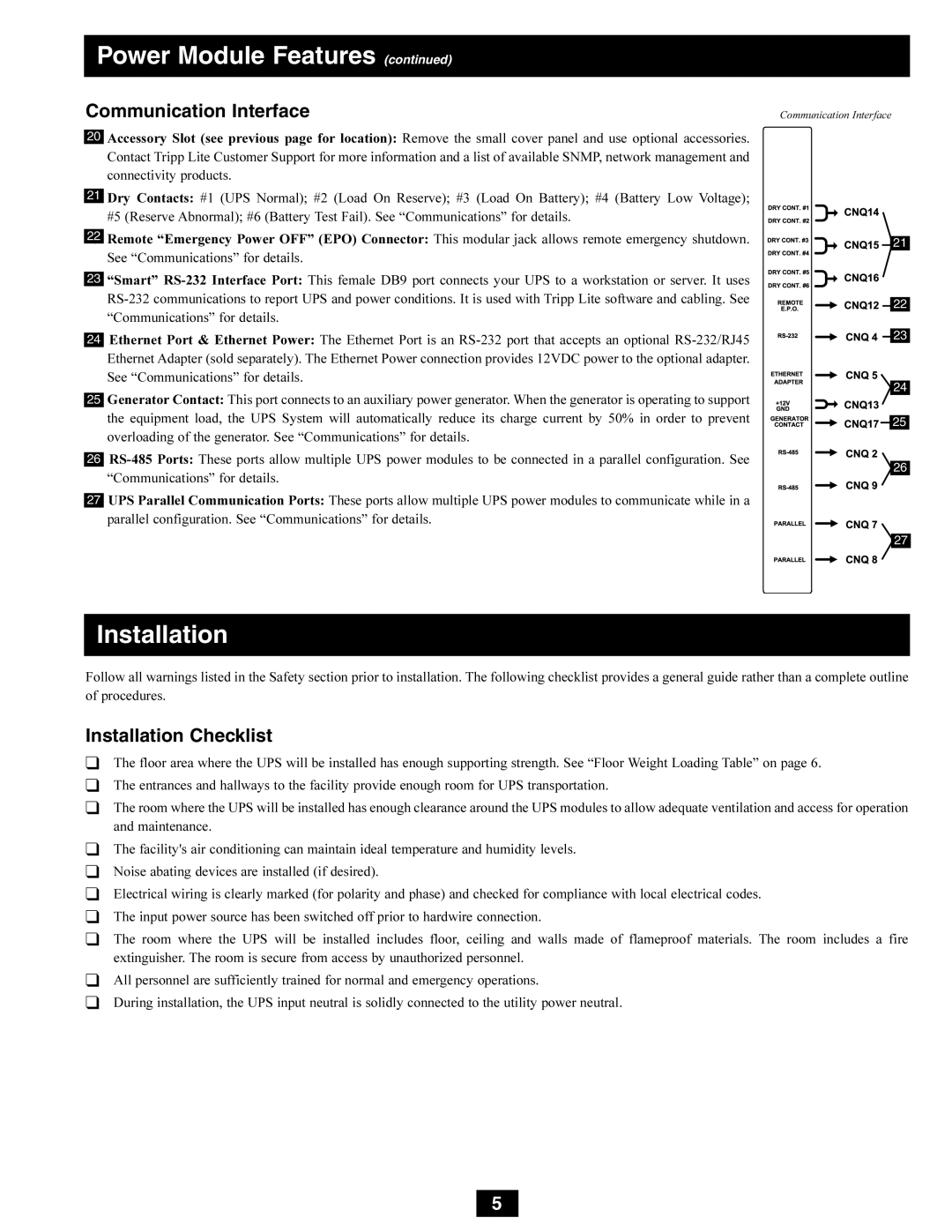 Tripp Lite SU80K3/3INTPM, SU80K3/3PM, SU50K3/3INTPM, SU50K3/3PM owner manual Communication Interface, Installation Checklist 