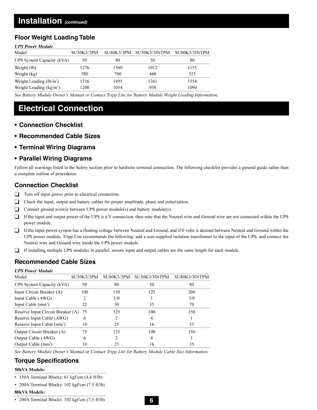 Tripp Lite SU50K3/3INTPM, SU80K3/3PM, SU80K3/3INTPM Floor Weight Loading Table, Connection Checklist, Torque Specifications 