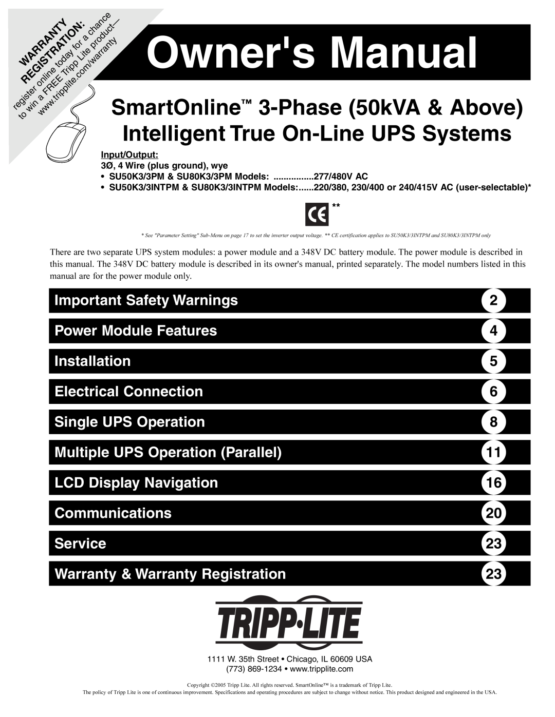 Tripp Lite SU80K3/3INTPM, SU80K3/3PM, SU50K3/3INTPM, SU50K3/3PM owner manual Owners Manual, SmartOnline, Phase 50kVA & Above 