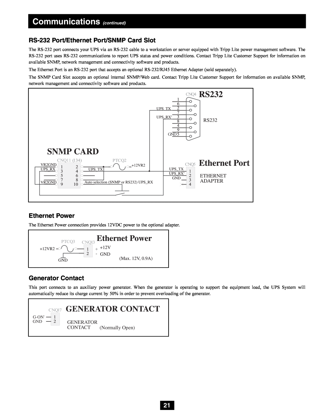 Tripp Lite SU80K3/3INTPM, SU80K3/3PM Communications continued, Generator Contact, RS-232 Port/Ethernet Port/SNMP Card Slot 