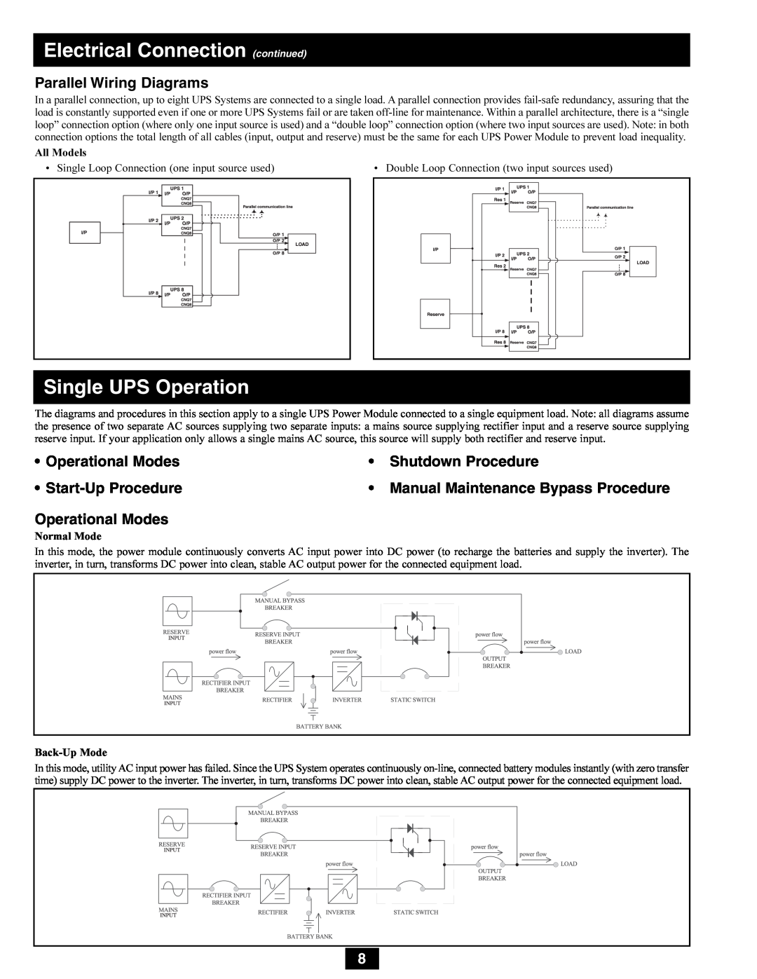 Tripp Lite SU80K3/3PM Parallel Wiring Diagrams, Operational Modes, Shutdown Procedure, Start-Up Procedure, Normal Mode 