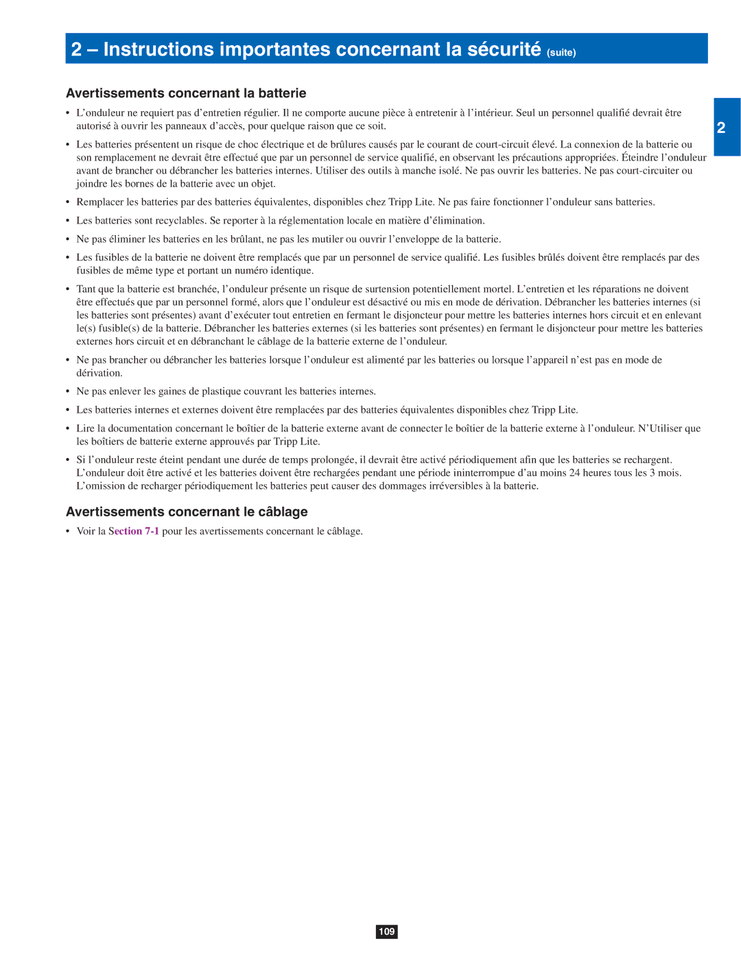 Tripp Lite SU60KTV, SU80KTV Instructions importantes concernant la sécurité suite, Avertissements concernant la batterie 