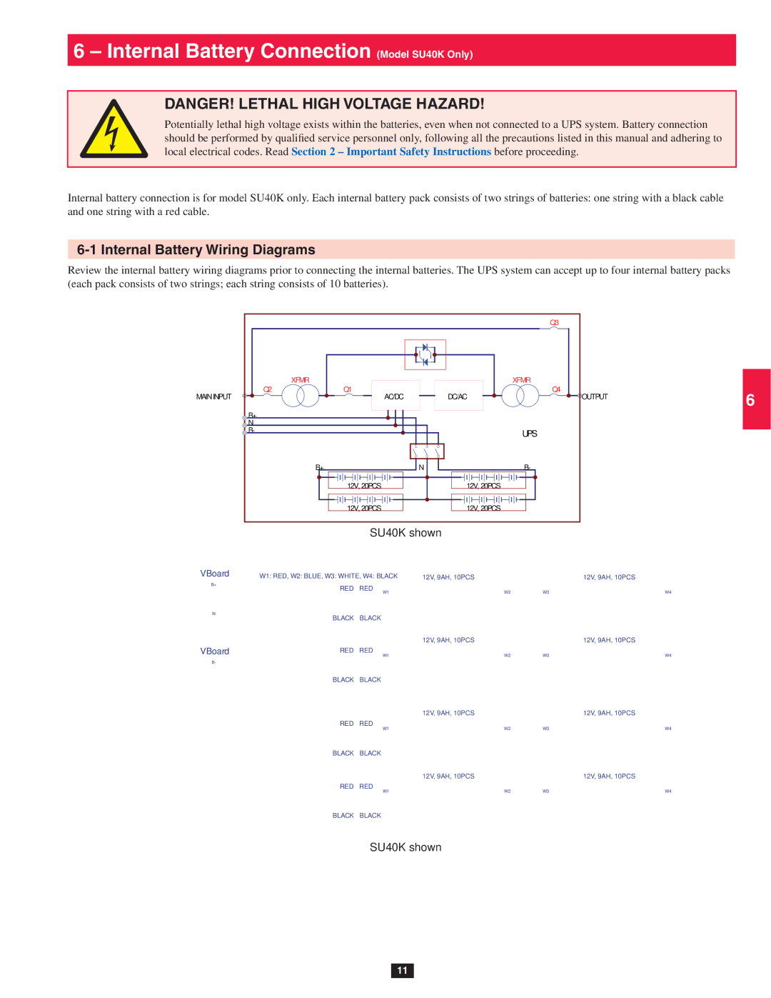 Tripp Lite SU80KTV, SU60KTV owner manual Internal Battery Connection Model SU40K Only, Internal Battery Wiring Diagrams 