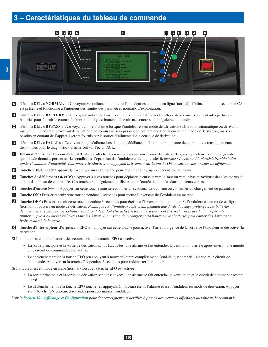 Tripp Lite SU80KTV, SU60KTV, SU40K owner manual Caractéristiques du tableau de commande 