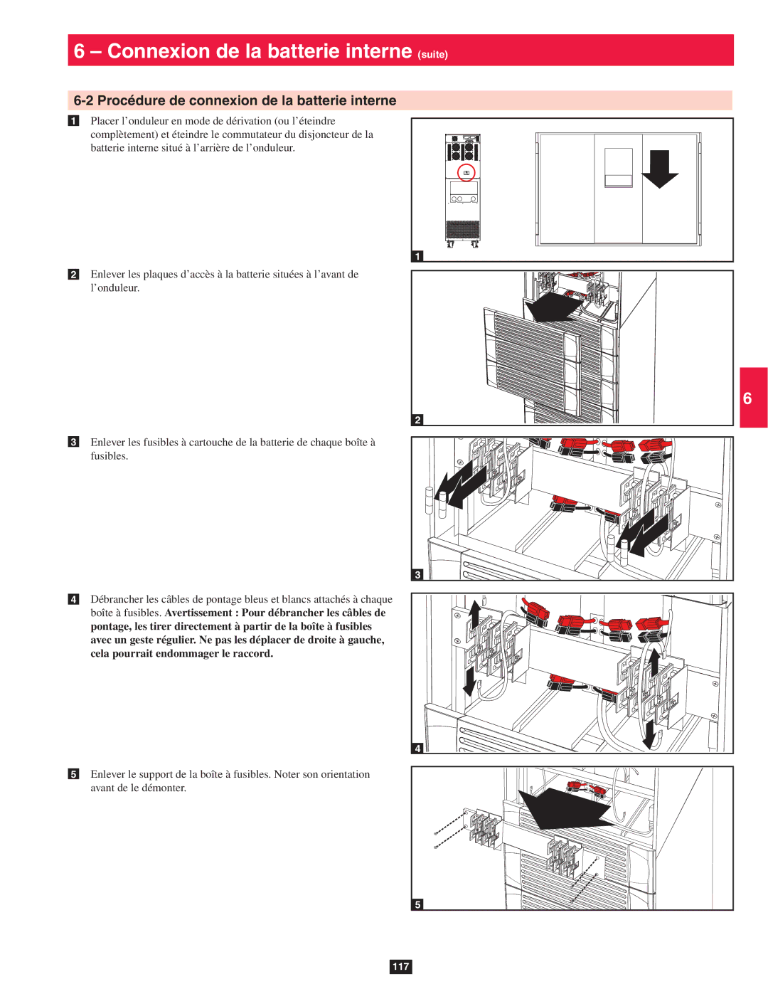 Tripp Lite SU60KTV, SU80KTV, SU40K owner manual Procédure de connexion de la batterie interne 