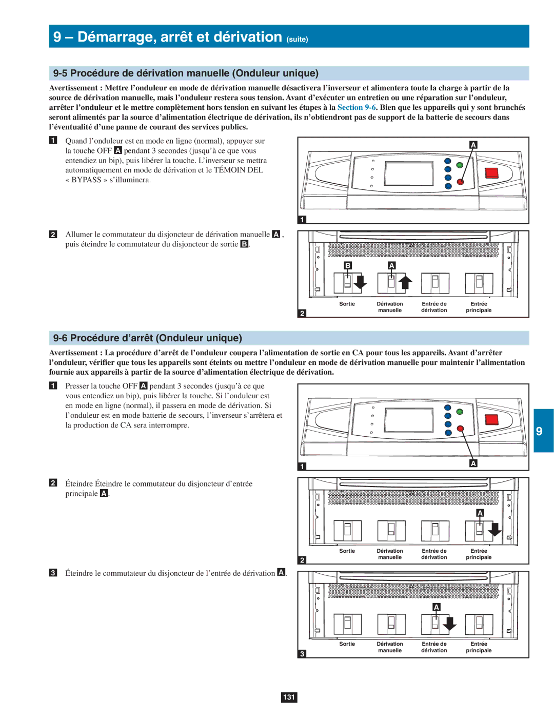 Tripp Lite SU40K, SU80KTV, SU60KTV Procédure de dérivation manuelle Onduleur unique, Procédure d’arrêt Onduleur unique 