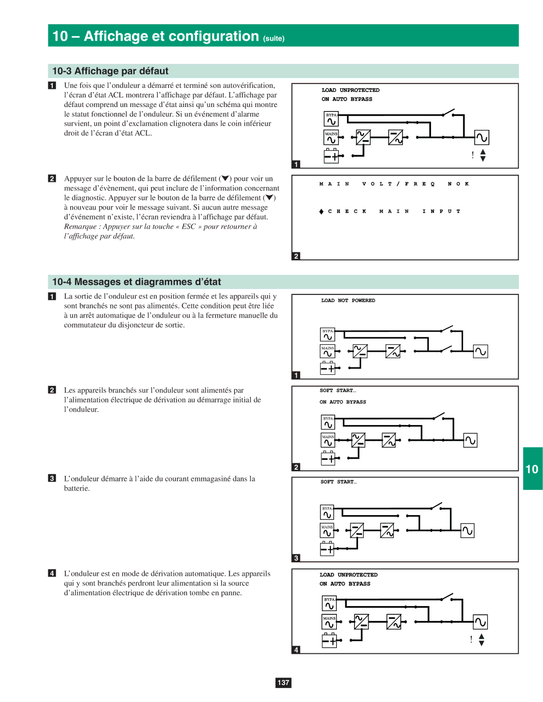 Tripp Lite SU60KTV, SU80KTV, SU40K Afﬁchage et conﬁguration suite, 10-3 Afﬁchage par défaut, Messages et diagrammes d’état 