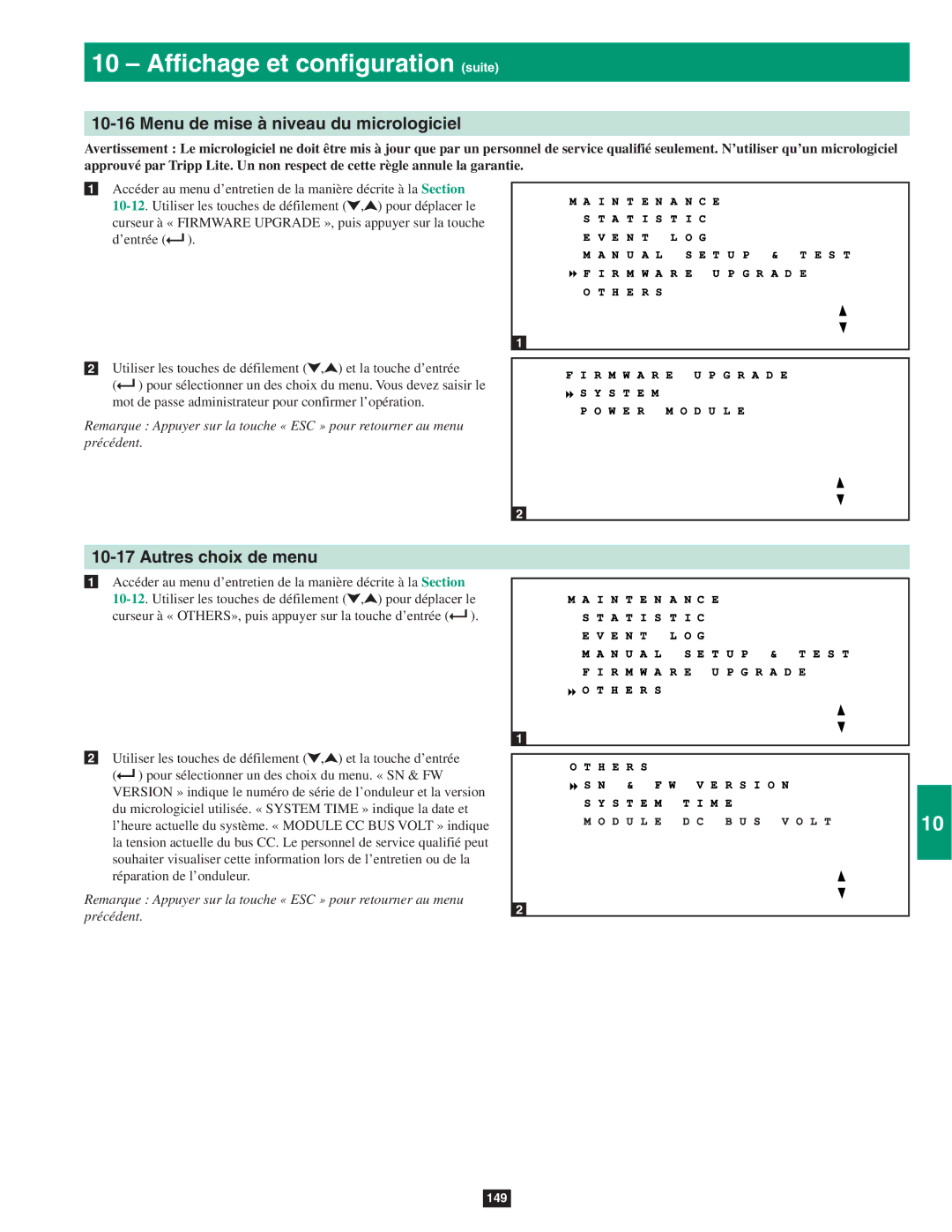 Tripp Lite SU60KTV, SU80KTV, SU40K owner manual Menu de mise à niveau du micrologiciel, Autres choix de menu 