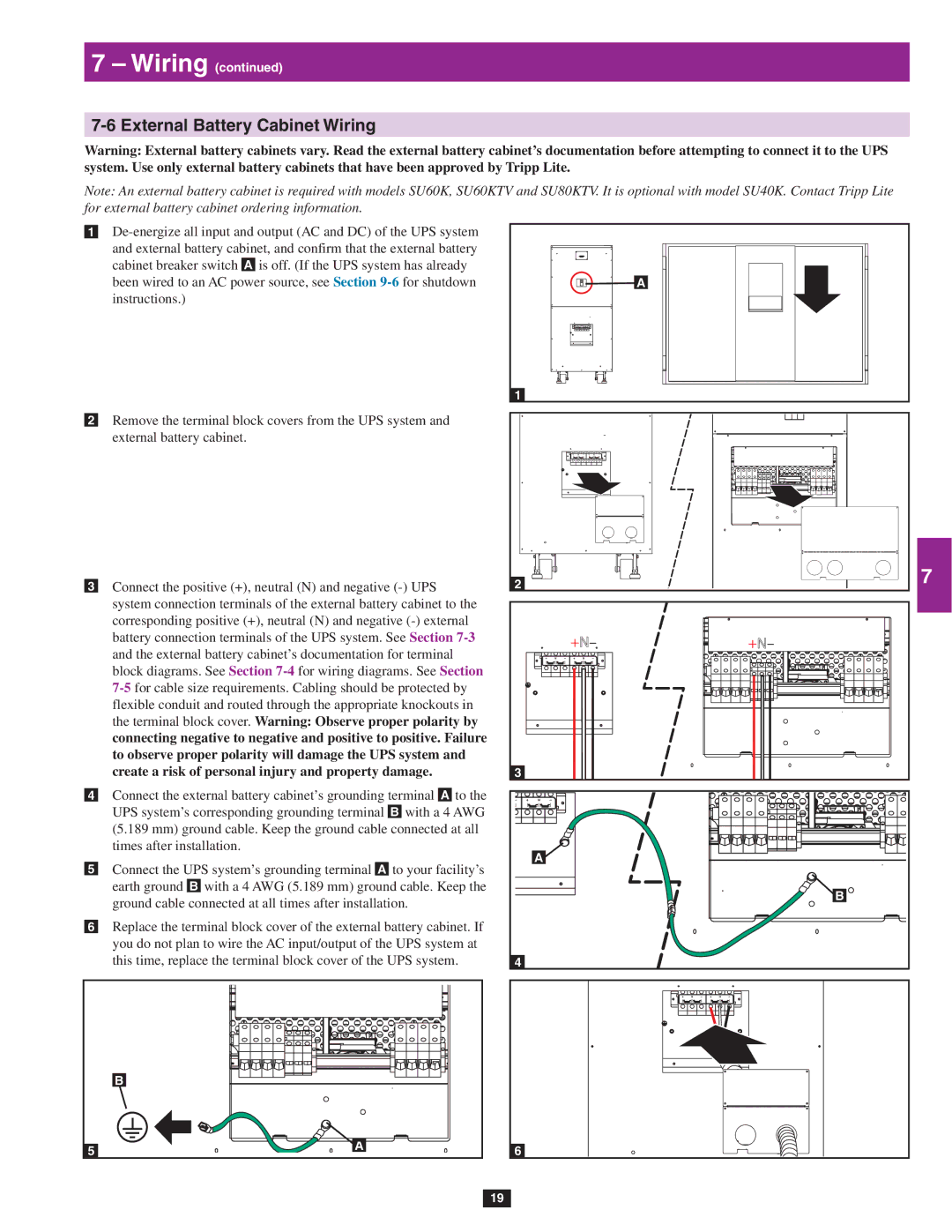 Tripp Lite SU40K, SU80KTV, SU60KTV owner manual External Battery Cabinet Wiring 