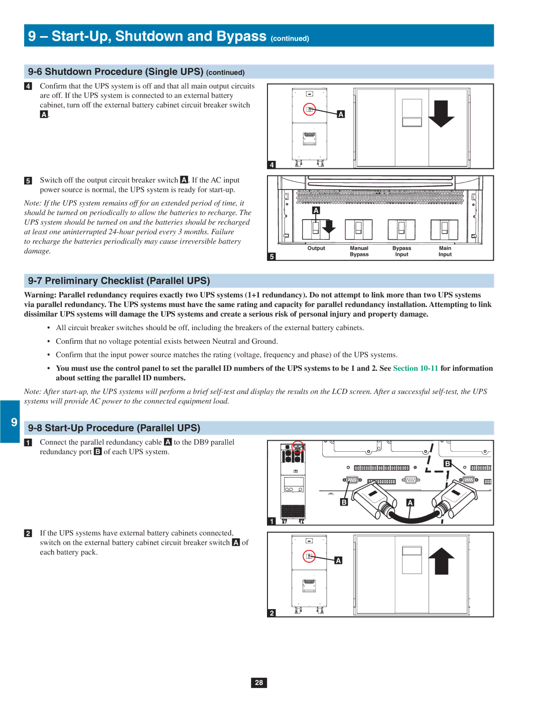 Tripp Lite SU80KTV, SU60KTV, SU40K owner manual Preliminary Checklist Parallel UPS, Start-Up Procedure Parallel UPS 