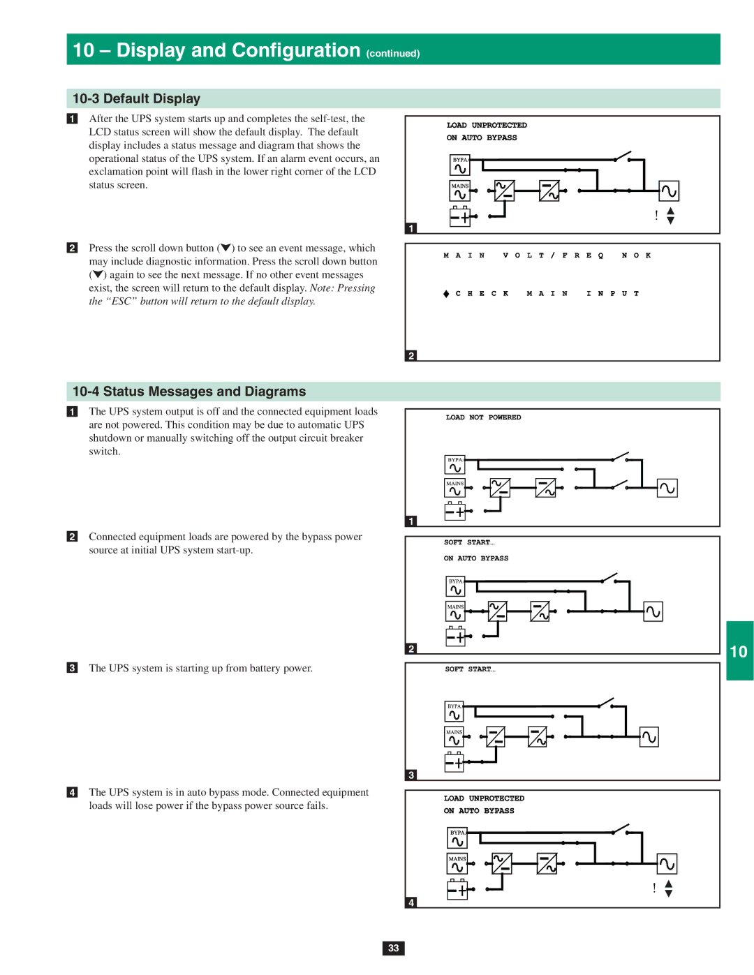 Tripp Lite SU60KTV, SU80KTV, SU40K owner manual Default Display, Status Messages and Diagrams 