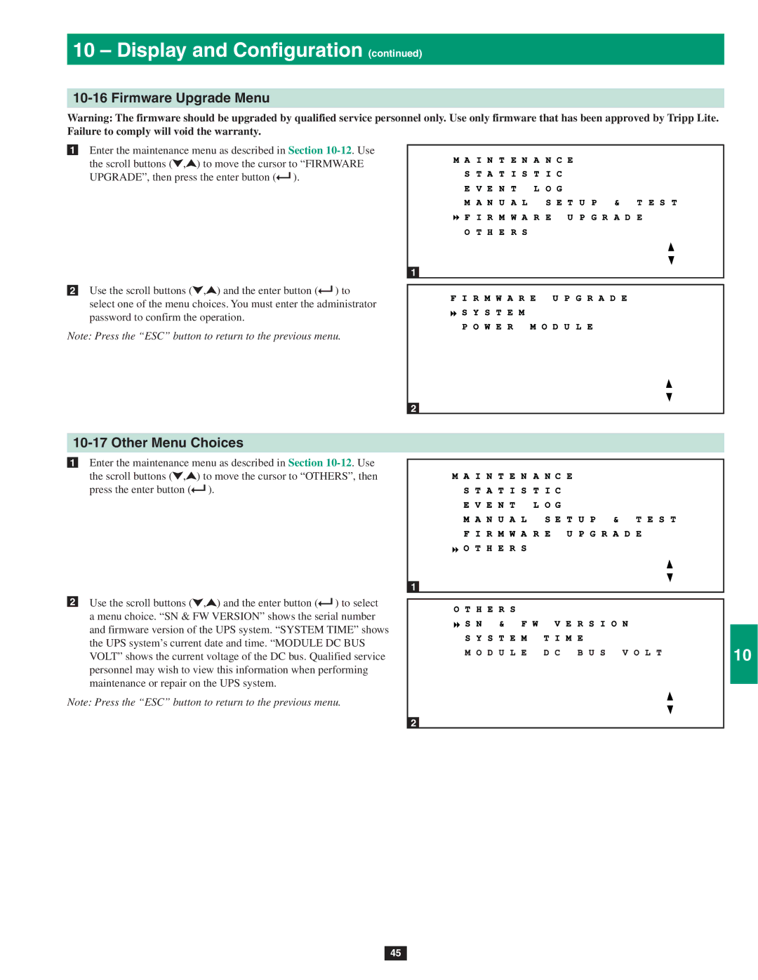 Tripp Lite SU60KTV, SU80KTV, SU40K owner manual Firmware Upgrade Menu, Other Menu Choices 