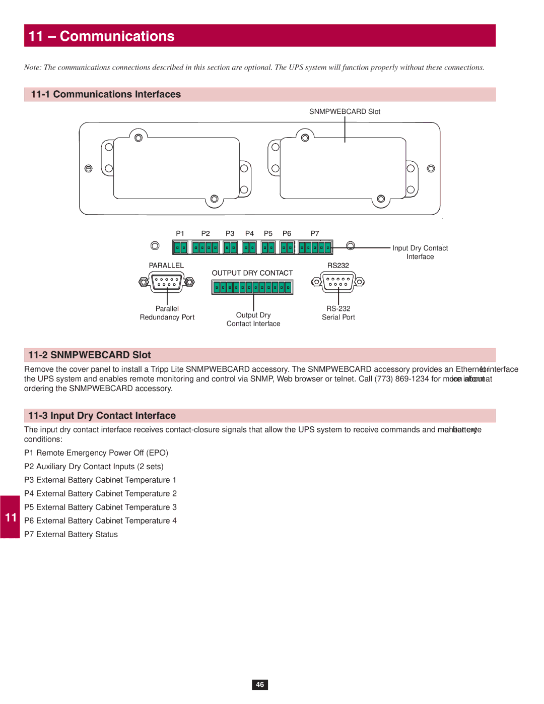 Tripp Lite SU80KTV, SU60KTV, SU40K Communications Interfaces, Snmpwebcard Slot, Input Dry Contact Interface 