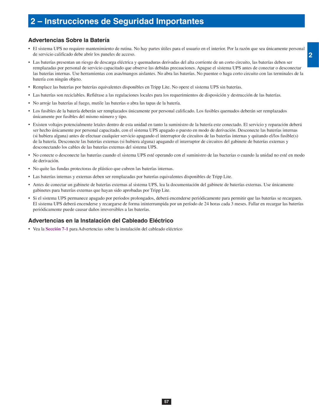 Tripp Lite SU60KTV, SU80KTV, SU40K Advertencias Sobre la Batería, Advertencias en la Instalación del Cableado Eléctrico 